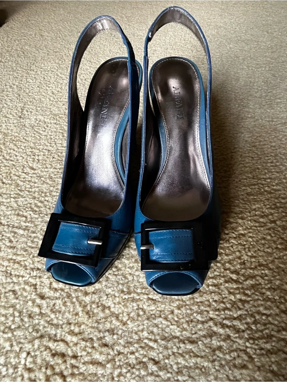 Alfani Vintage Y2K Teal Blue Slingback Peep-Toe Pumps with Black Buckle